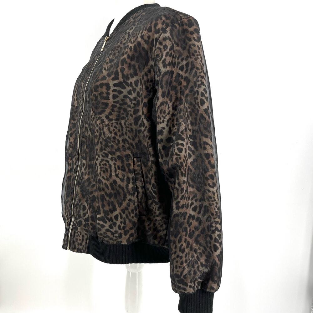 QED London Black Tan Gauze‎ Leopard Zip Bomber Jacket Womens US 10 - Picture 2 of 8